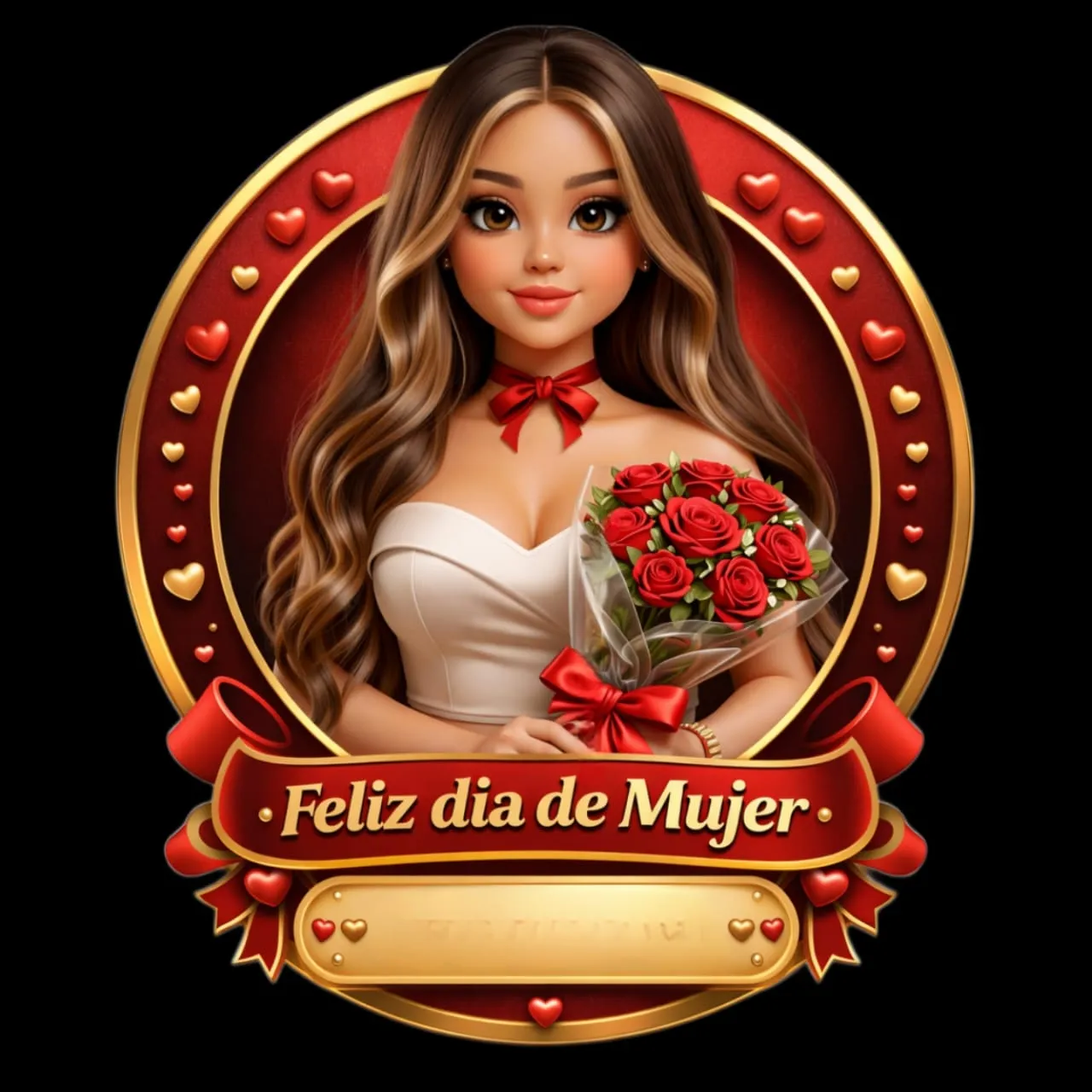 Tarjeta de Feliz Día de la Mujer con ilustración de chica elegante sosteniendo ramo de rosas rojas en marco circular con corazones.