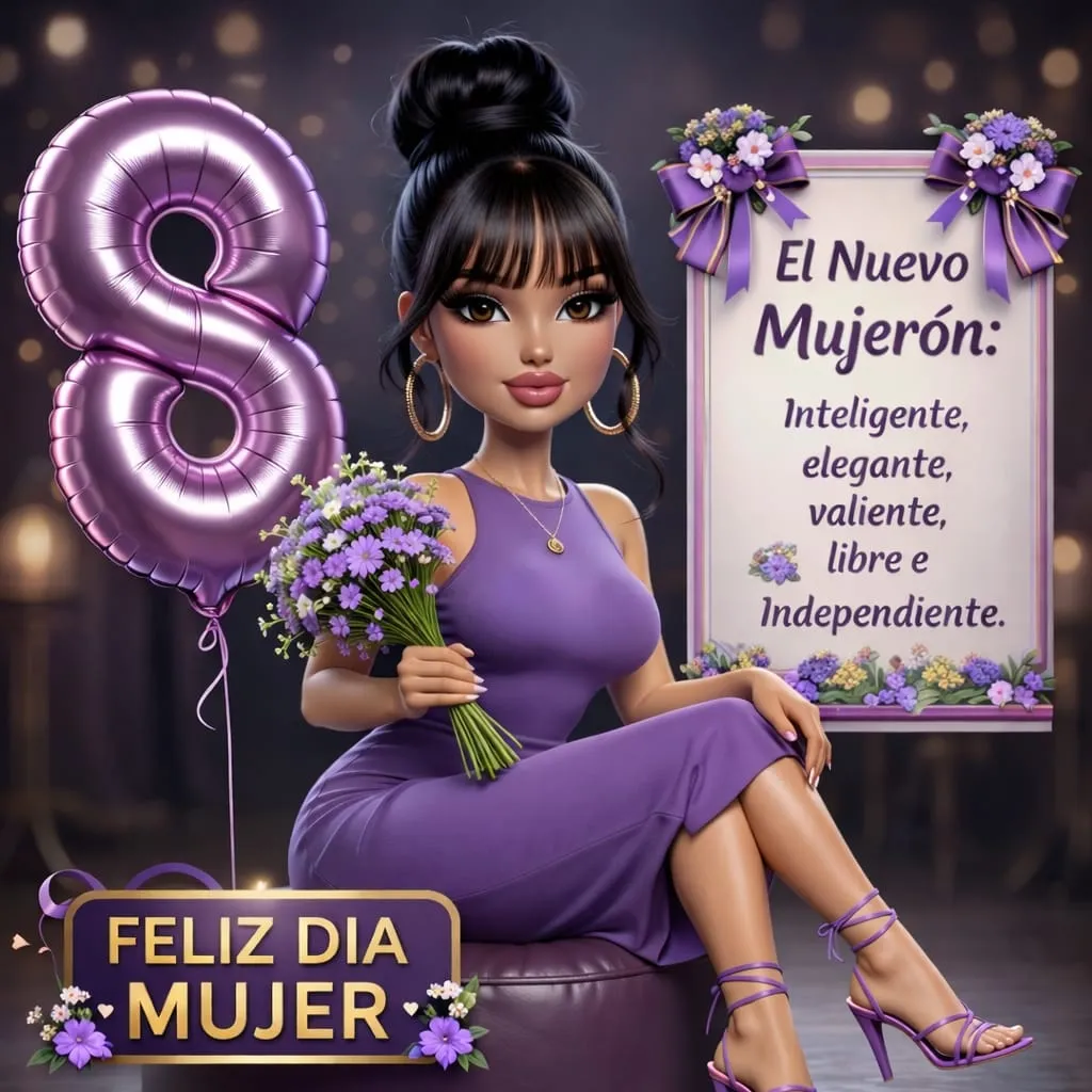 Diseño creativo para el 8 de marzo con personaje femenino, globo metálico del número 8 y mensaje: El Nuevo Mujerón: Inteligente, elegante, valiente, libre e independiente.