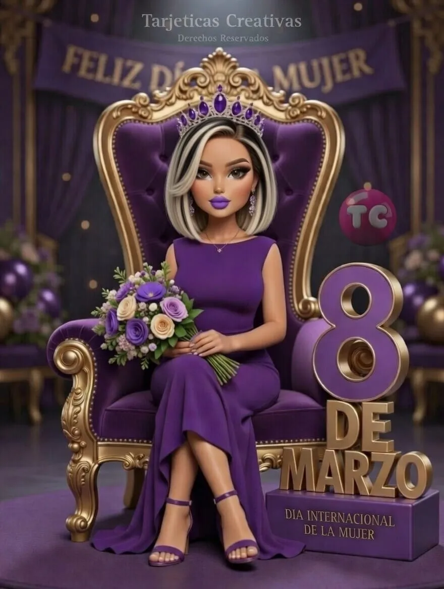 Diseño exclusivo Día de la Mujer con estilo de cabello balayage moderno, trono real y detalles dorados.