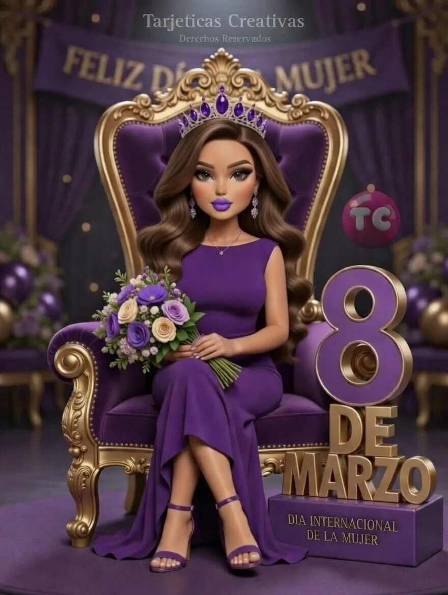 Invitación digital 8 de Marzo con ilustración 3D de mujer castaña elegante y decoración real en color púrpura..