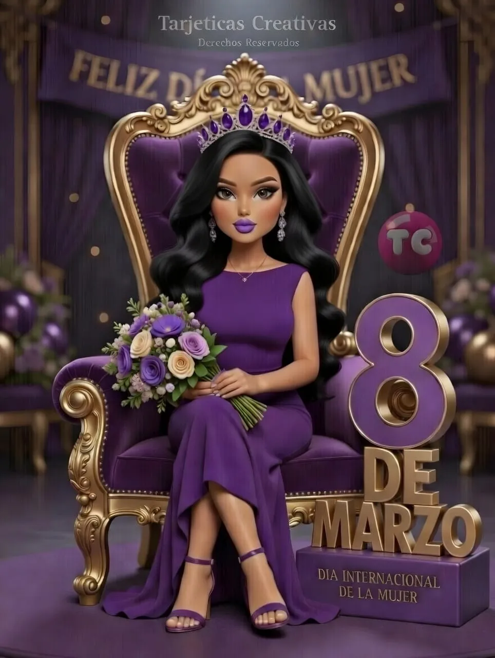 Tarjeta del Día de la Mujer con reina de cabello negro en trono morado y mensaje Feliz 8 de Marzo.