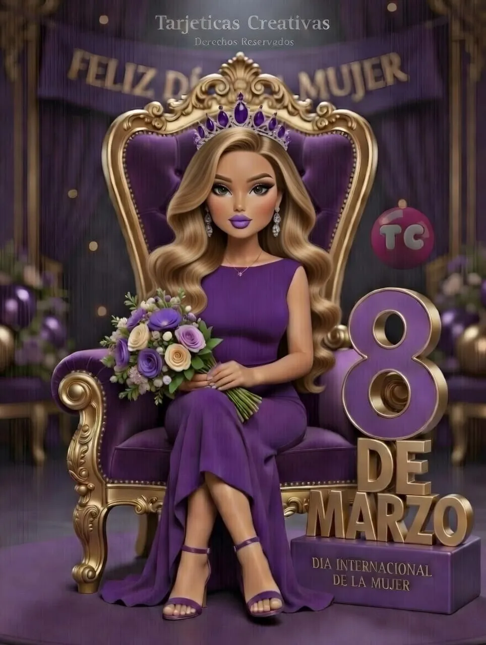 Postal personalizada del Día de la Mujer con avatar 3D rubia con corona y ramo de flores moradas..