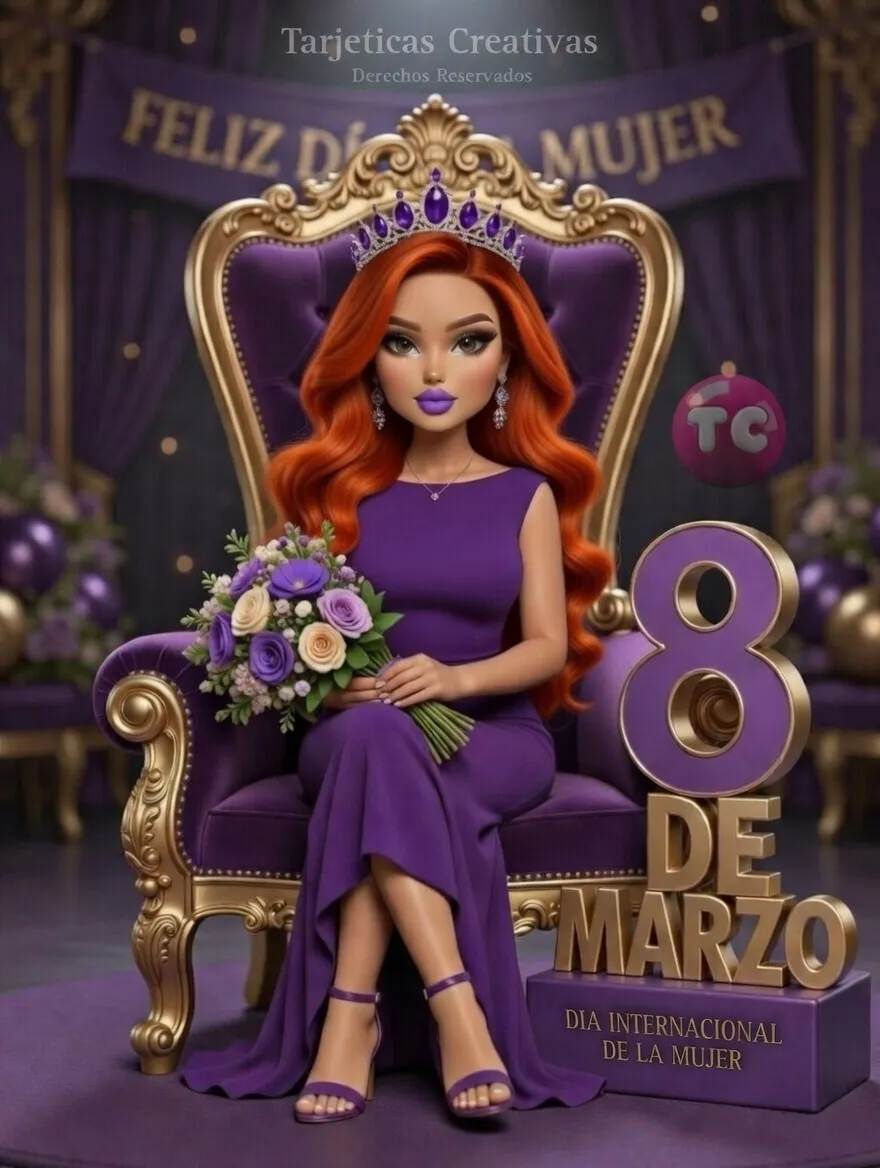 Tarjeta creativa para mujer pelirroja el 8 de Marzo con trono de oro, vestido morado y diseño de alta calidad.