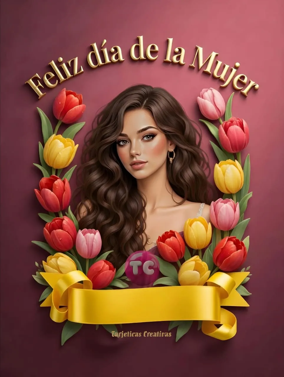Ilustración artística para el Día de la Mujer con retrato de mujer joven, marco de tulipanes coloridos y cinta dorada para nombre personalizado sobre fondo burdeos.