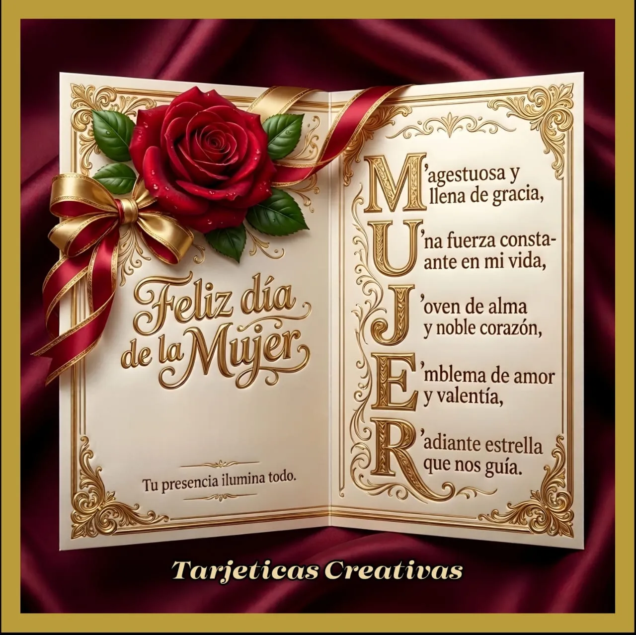 Tarjeta de felicitación para el Día de la Mujer con rosa roja real y nombre personalizado