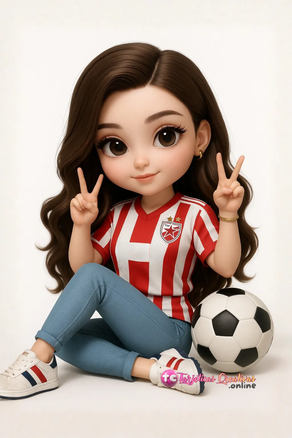 Muñeca de pelo castaño con camiseta de furbol