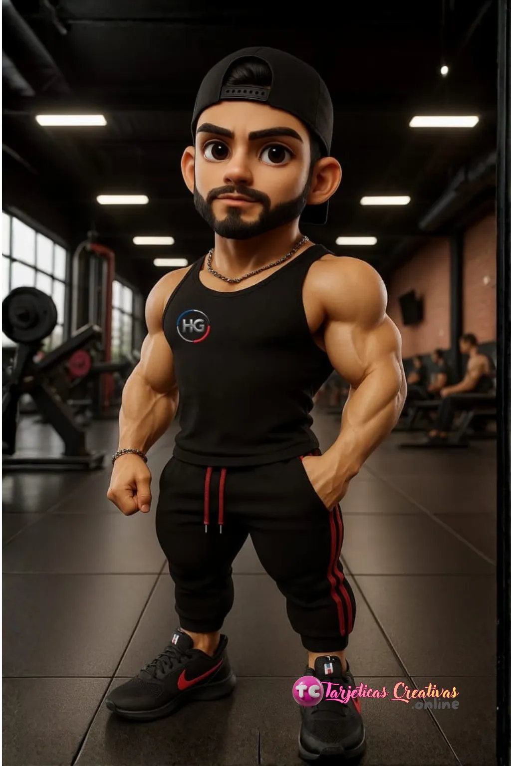 Hombre pelo negro con barba en el Gym con pesas