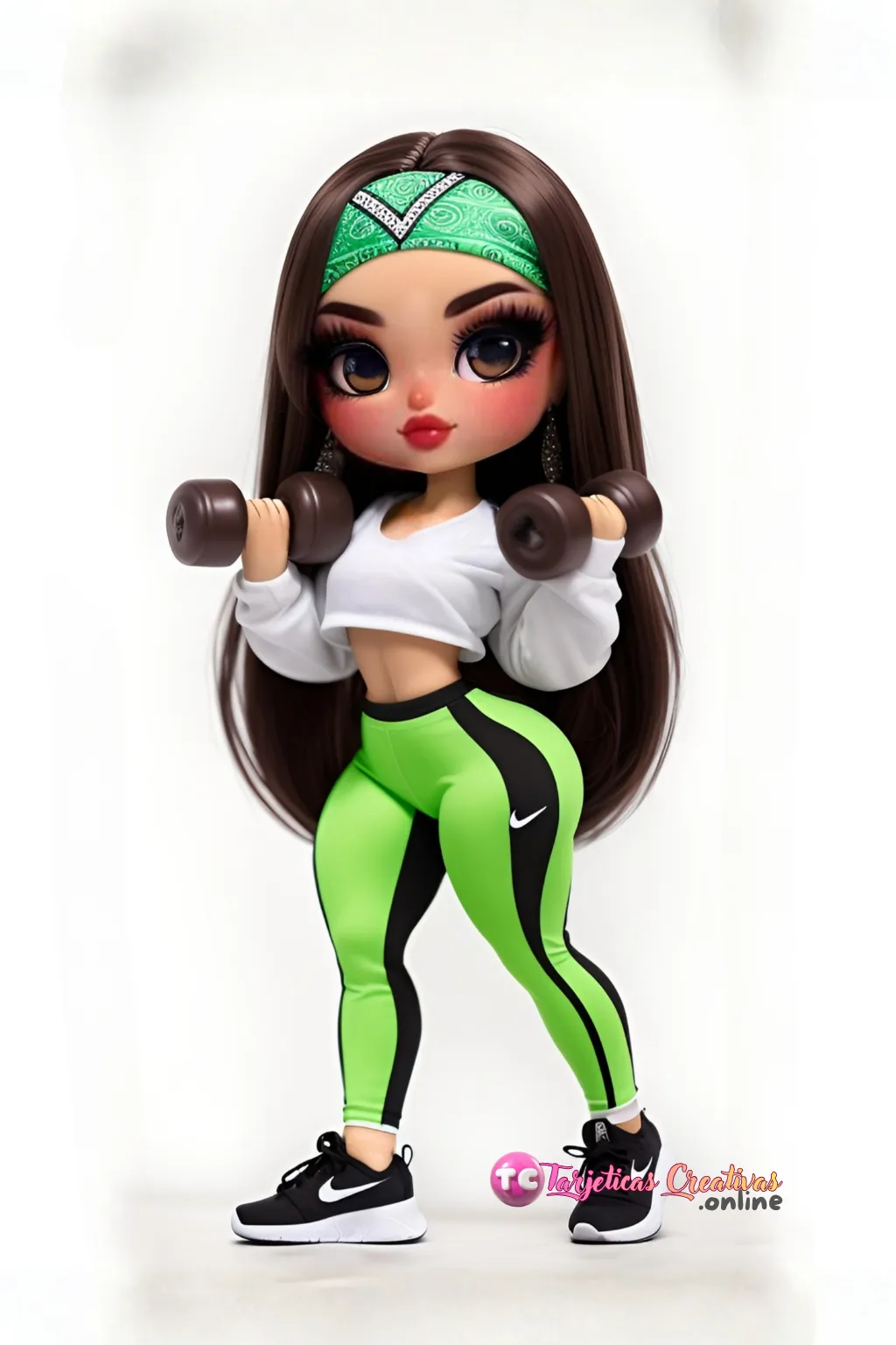 Mujer de pelo negro en gym con pesas