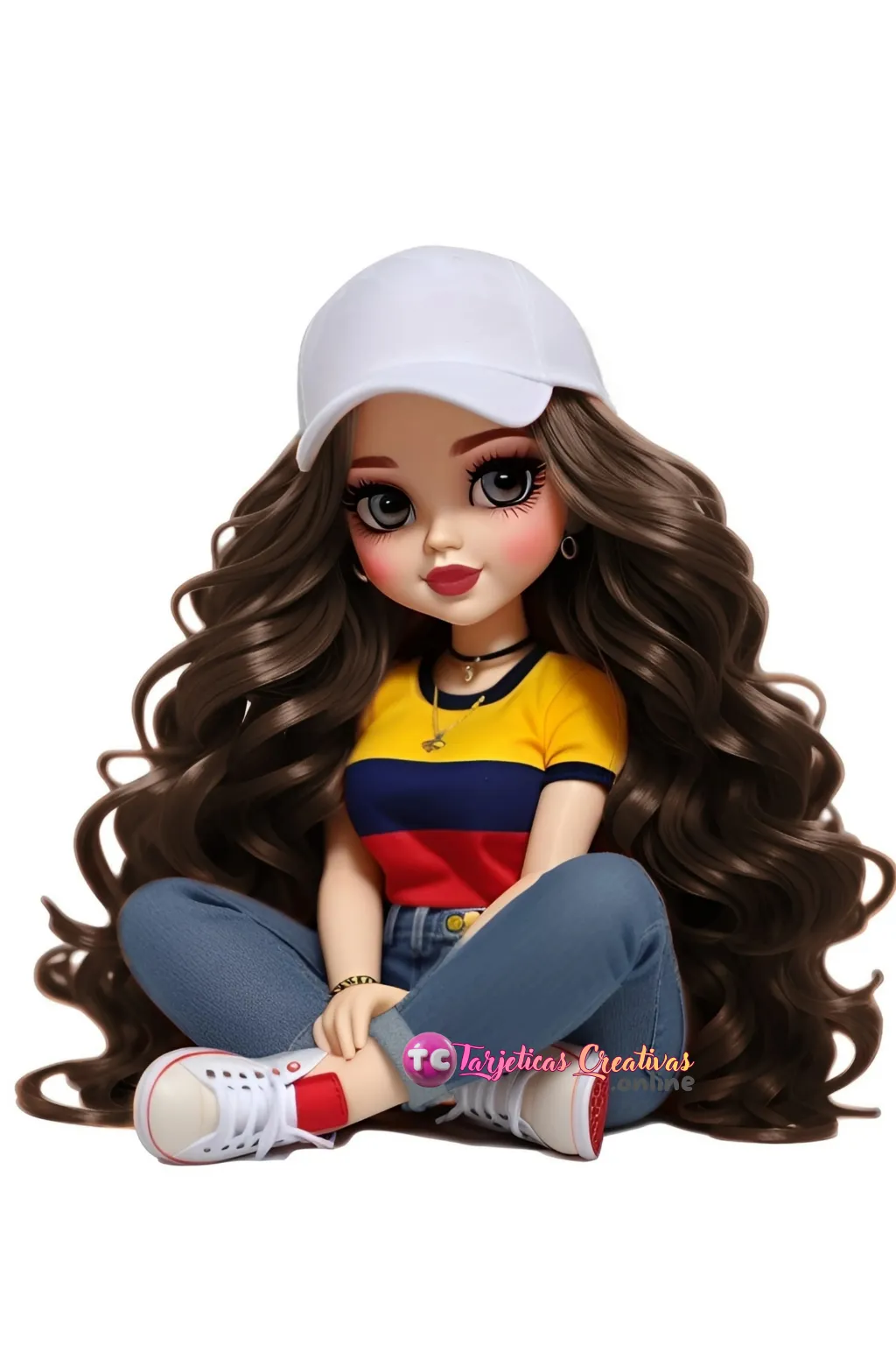 Mujer con camiseta bandera de colombia y pelo castaño con gorra