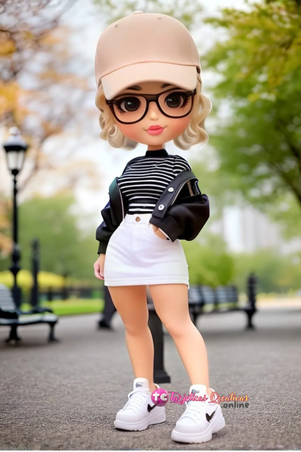 Mujer pelo rubio parada con gorra de viaje