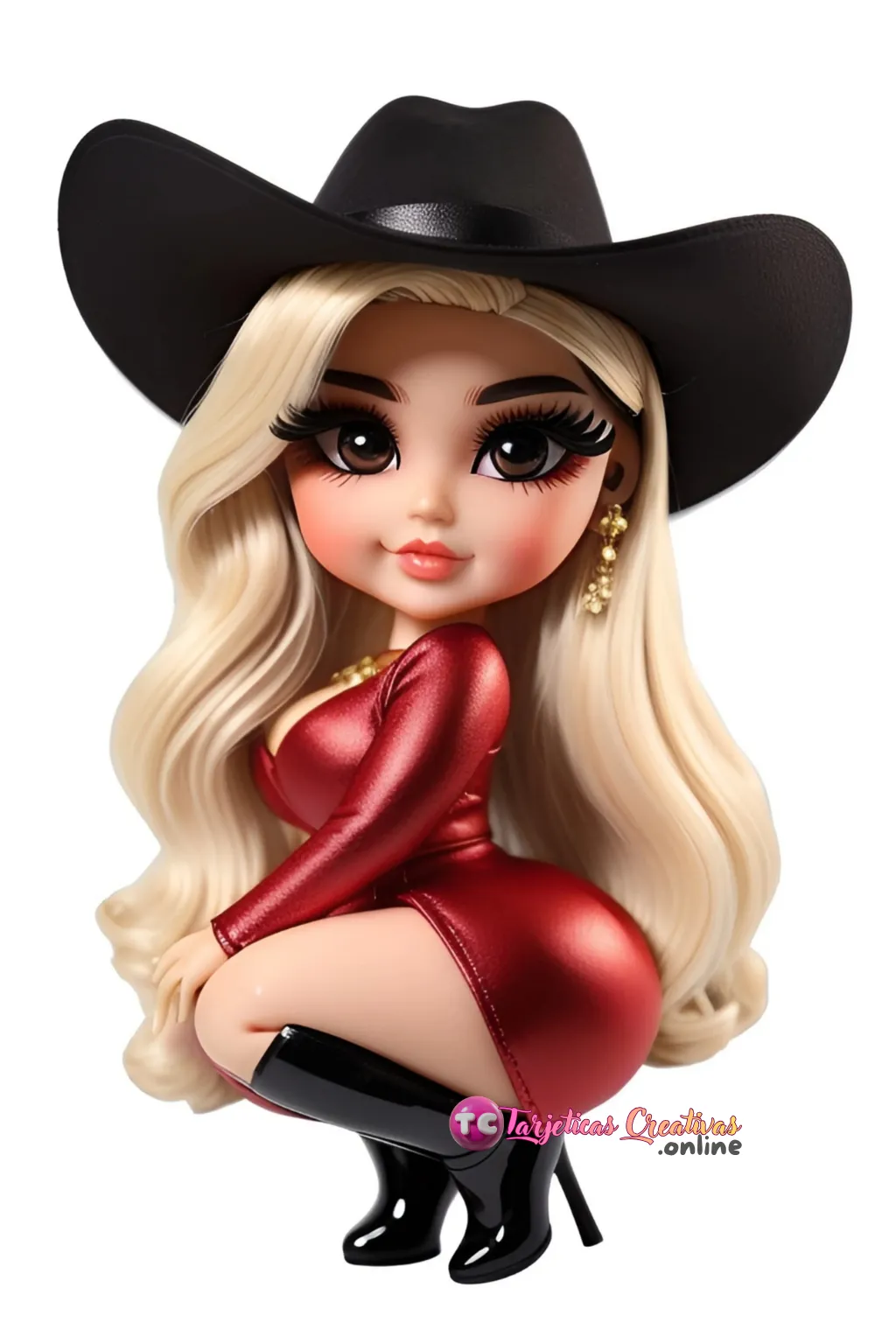 Mujer con vestido rojo y pelo rubio con sombrero