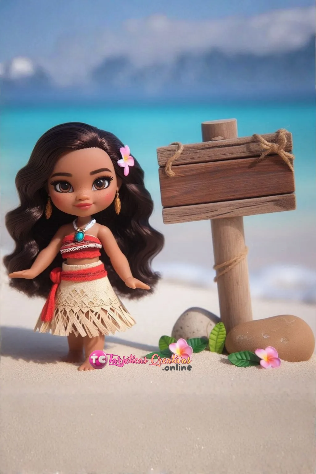 Muñeca hawayana con pelo castaño en la playa