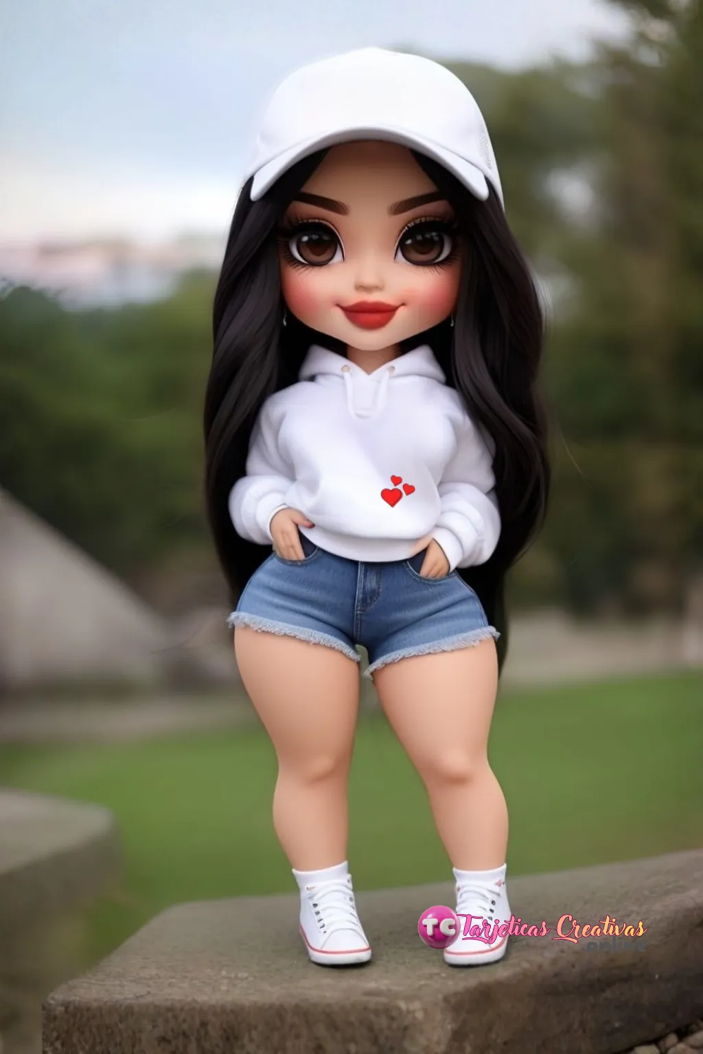 Muñeca pelo negro con gorra en el parque