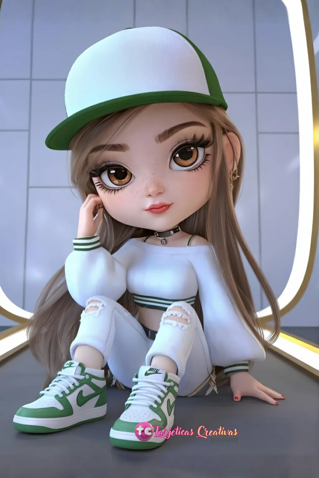 Muñeca de pelo rubio bella con gorra sentada