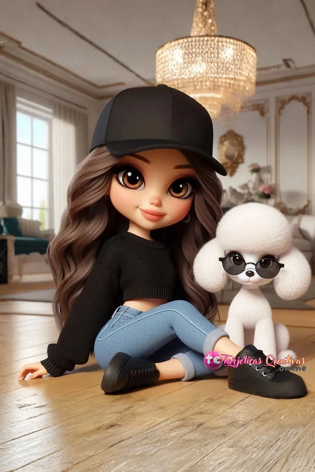 Mujer de pelo castaño y gorra en sala con mascota