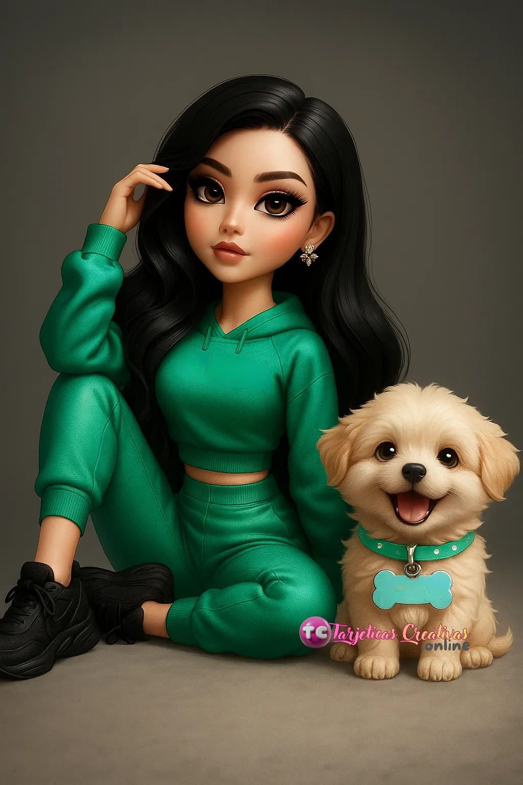 Mujer de pelo castaño en sala con mascota