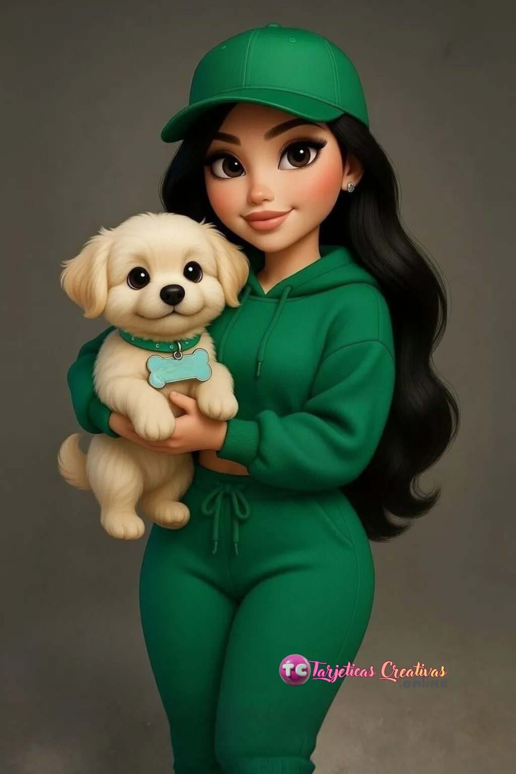 Mujer de pelo negro parada con gorra y mascota