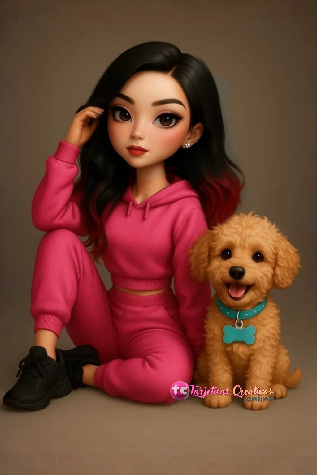 Mujer de pelo negro hermosa sentada con mascota