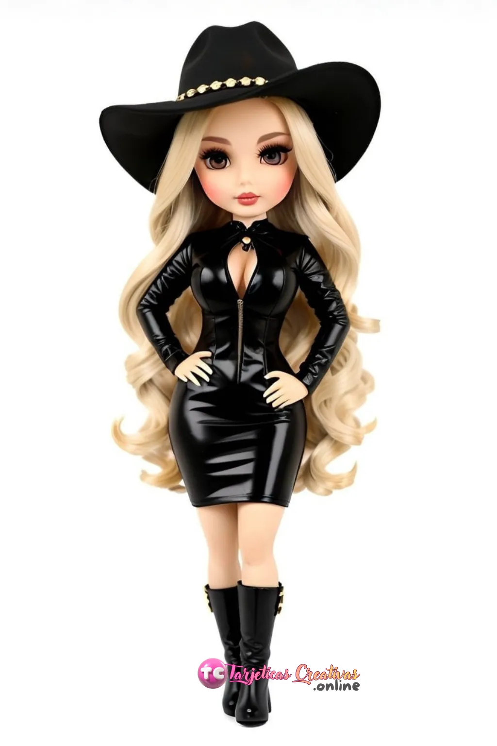 Mujer modelo de pelo rubio con vestido de cuero y sombrero