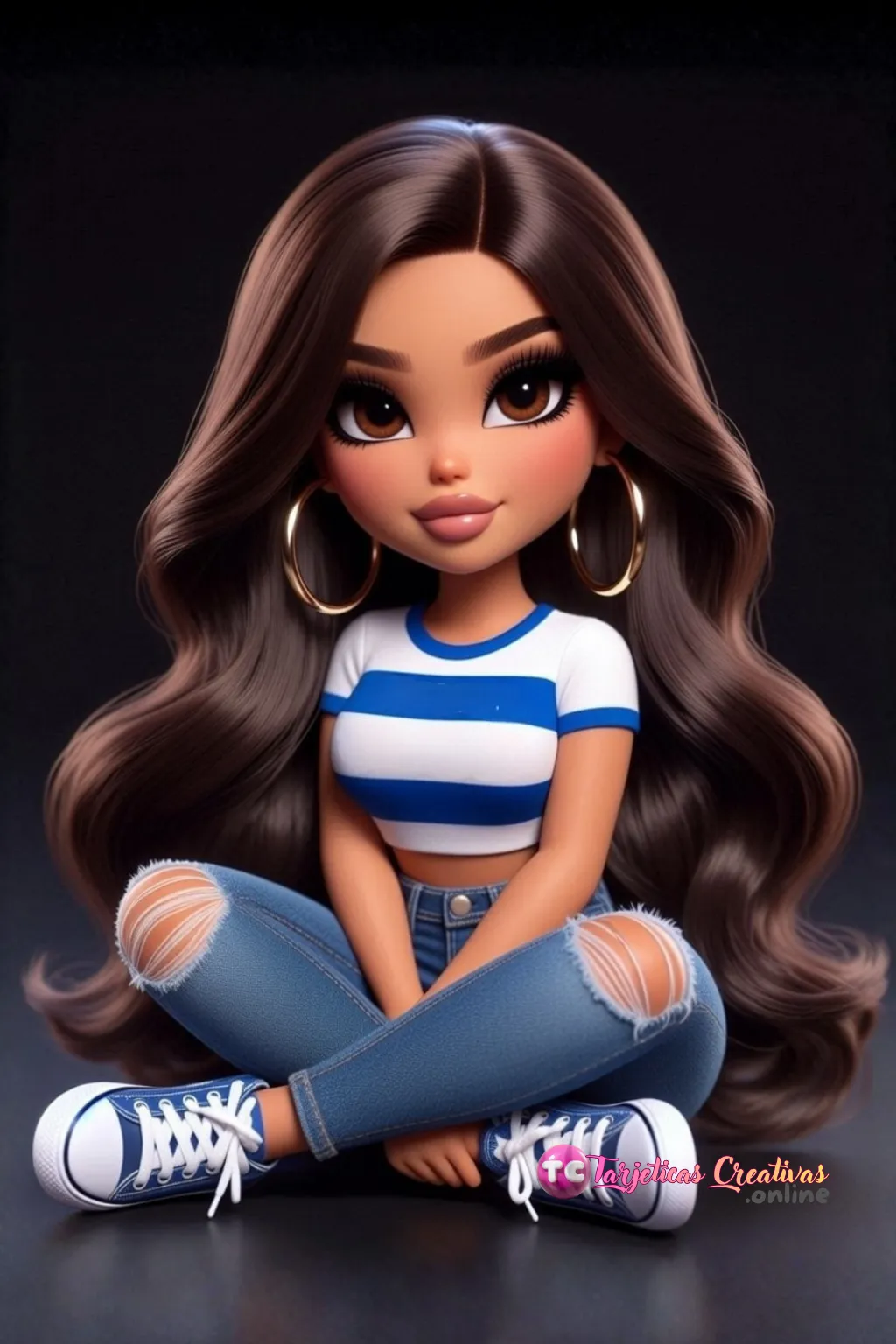 Muñeca modelo de pelo castaño sentada