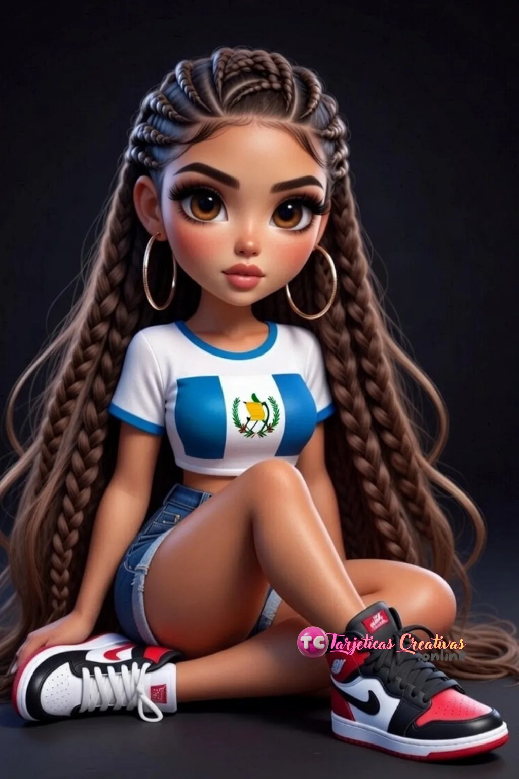 Mujer de pelo castaño de trenzas sentada con bandera de el Guatemala