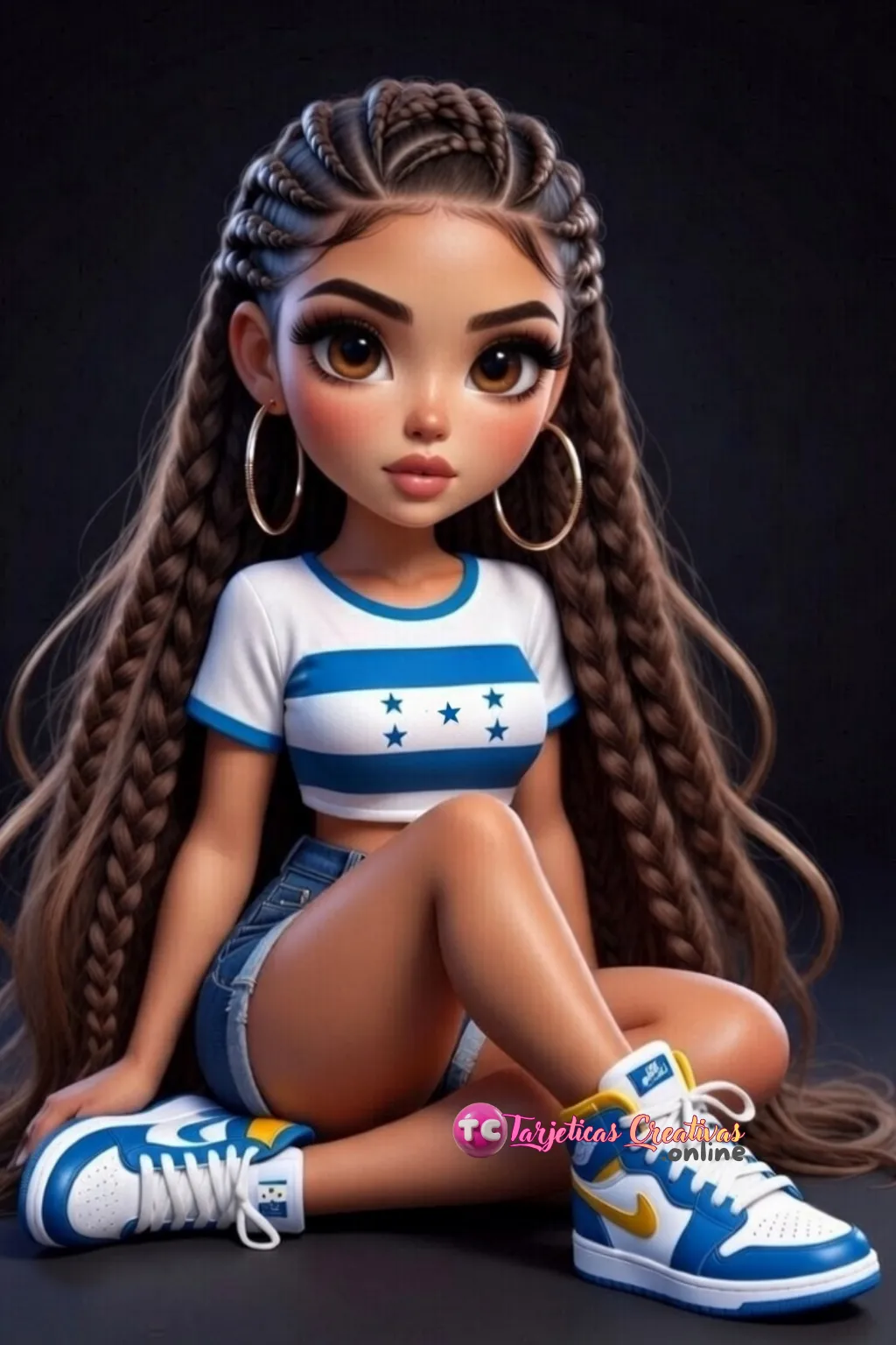 Mujer de pelo castaño de trenzas sentada con bandera de el Honduras