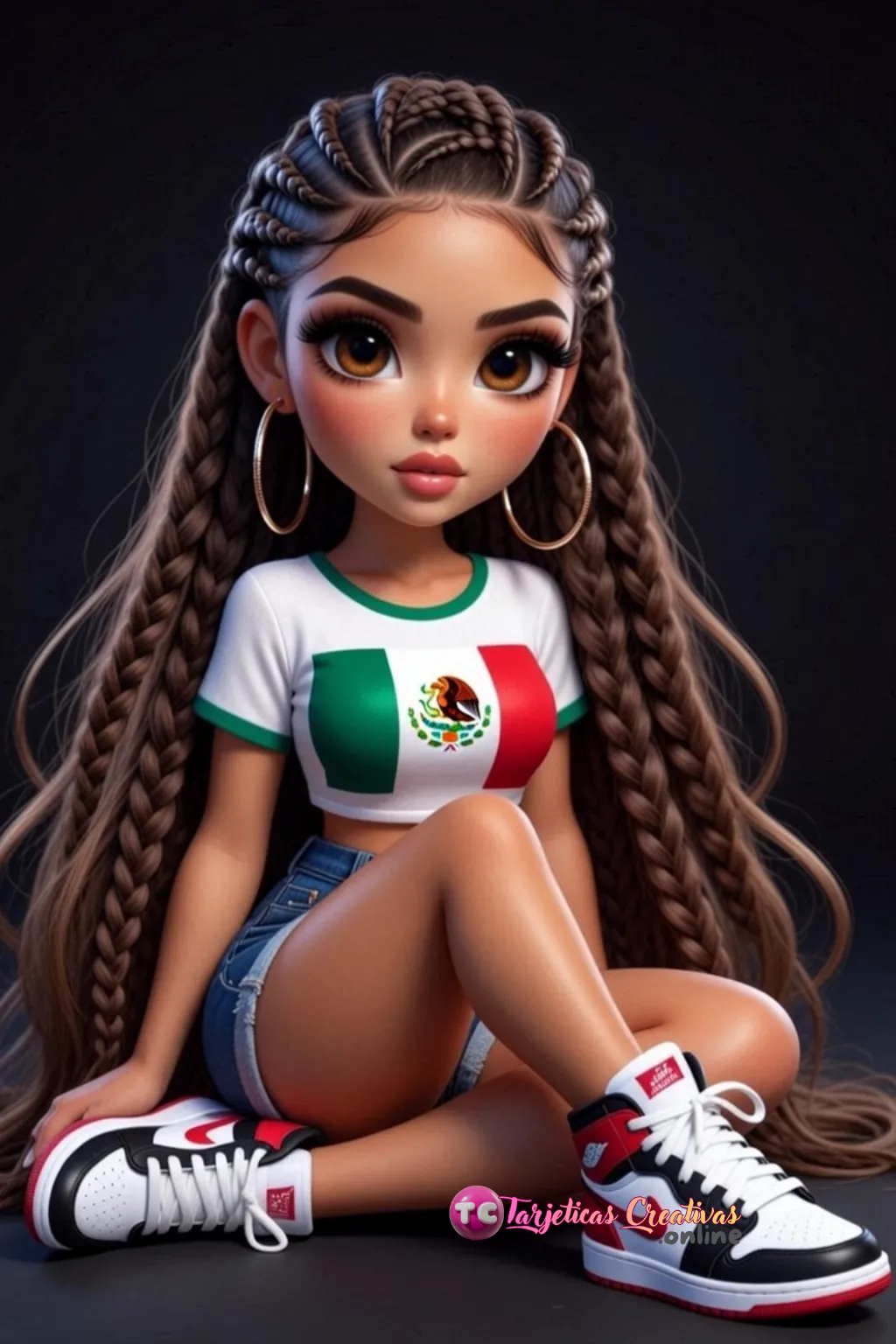 Mujer de pelo castaño de trenzas sentada con bandera de el Mexico