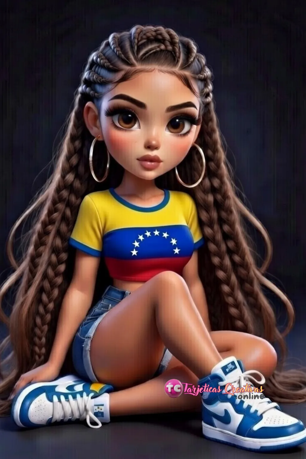 Mujer de pelo castaño de trenzas sentada con bandera de el Venezuela