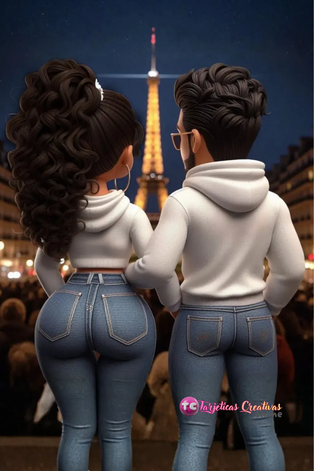 mujer de pelo negro y hombre frente a torre Eiffel en Paris