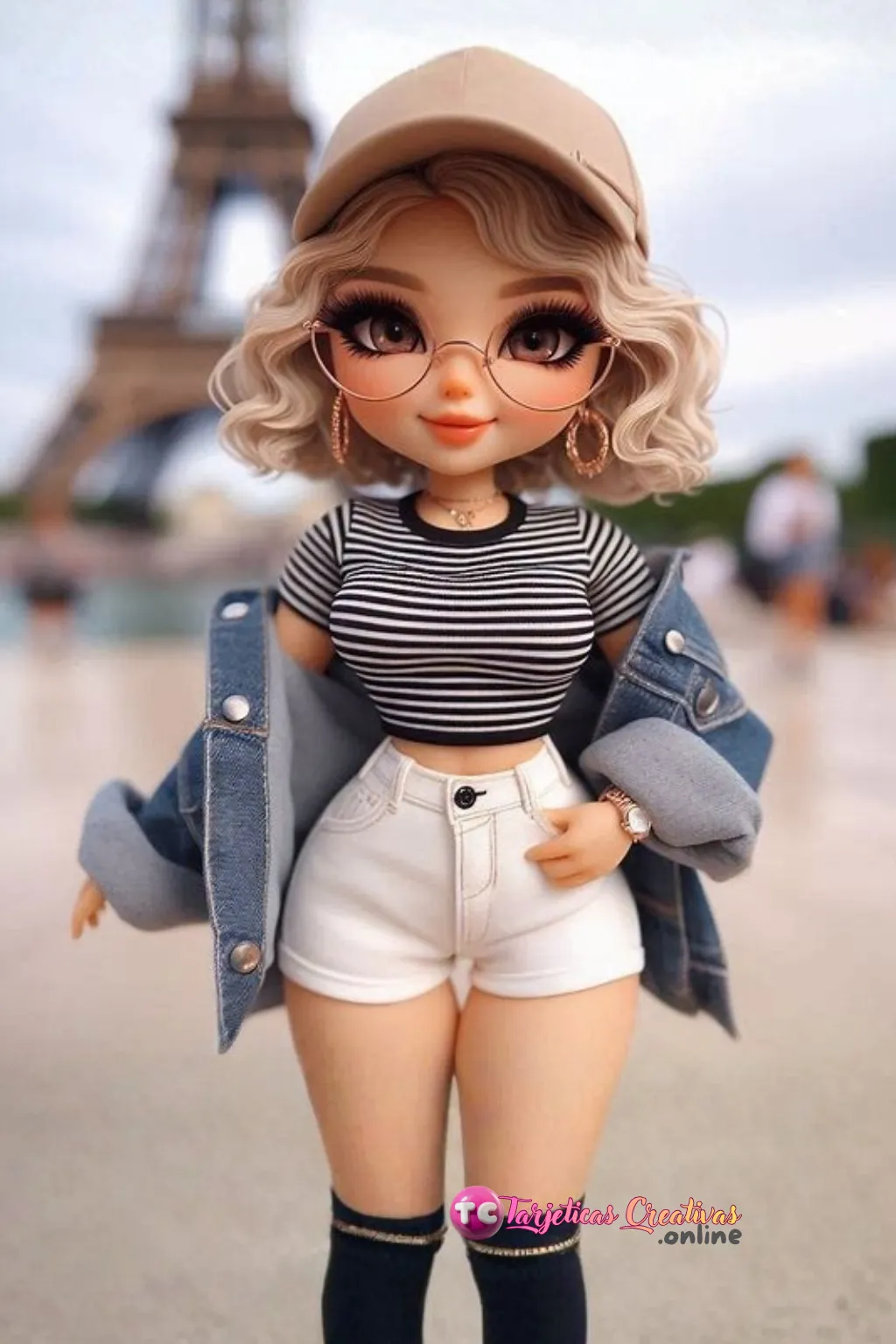 Mujer de pelo rubio con gorra frente a la torre Eiffel en Paris