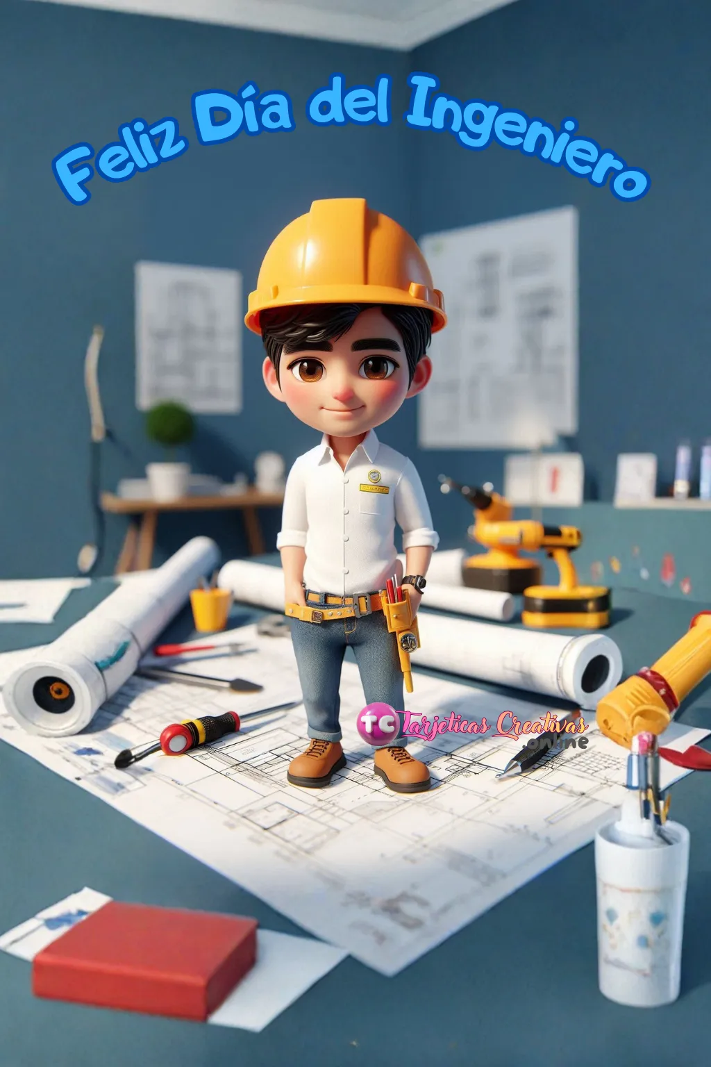 Muñeco Ingeniero de pelo castaño en escritorio