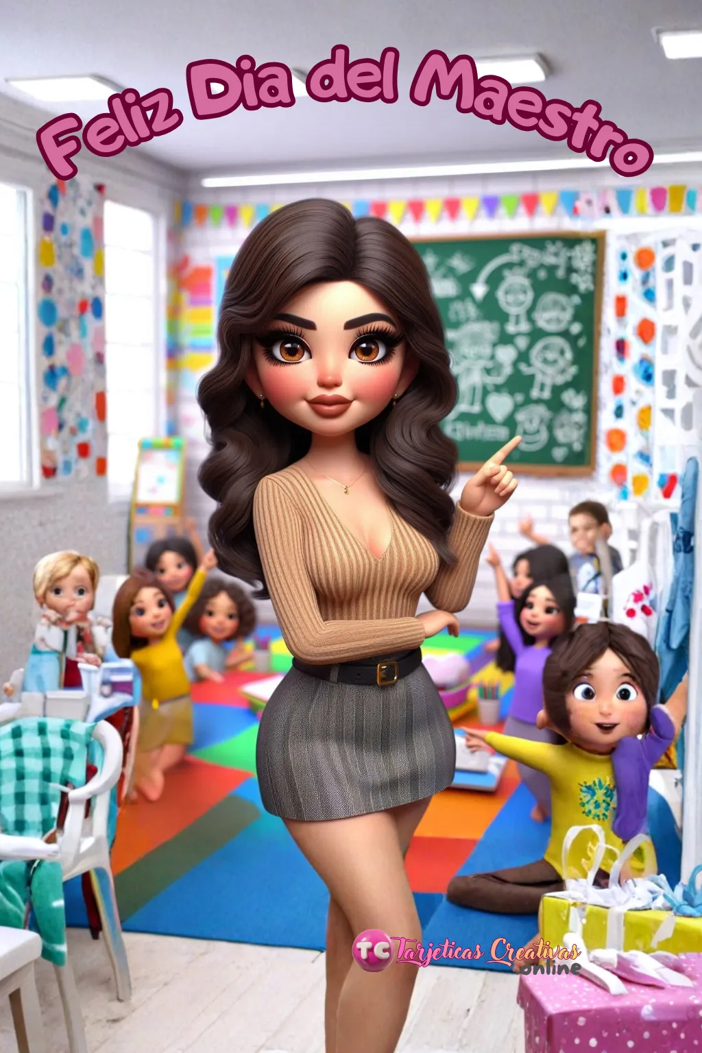 Mujer Maestra de pelo castaño en salon de clase con niños