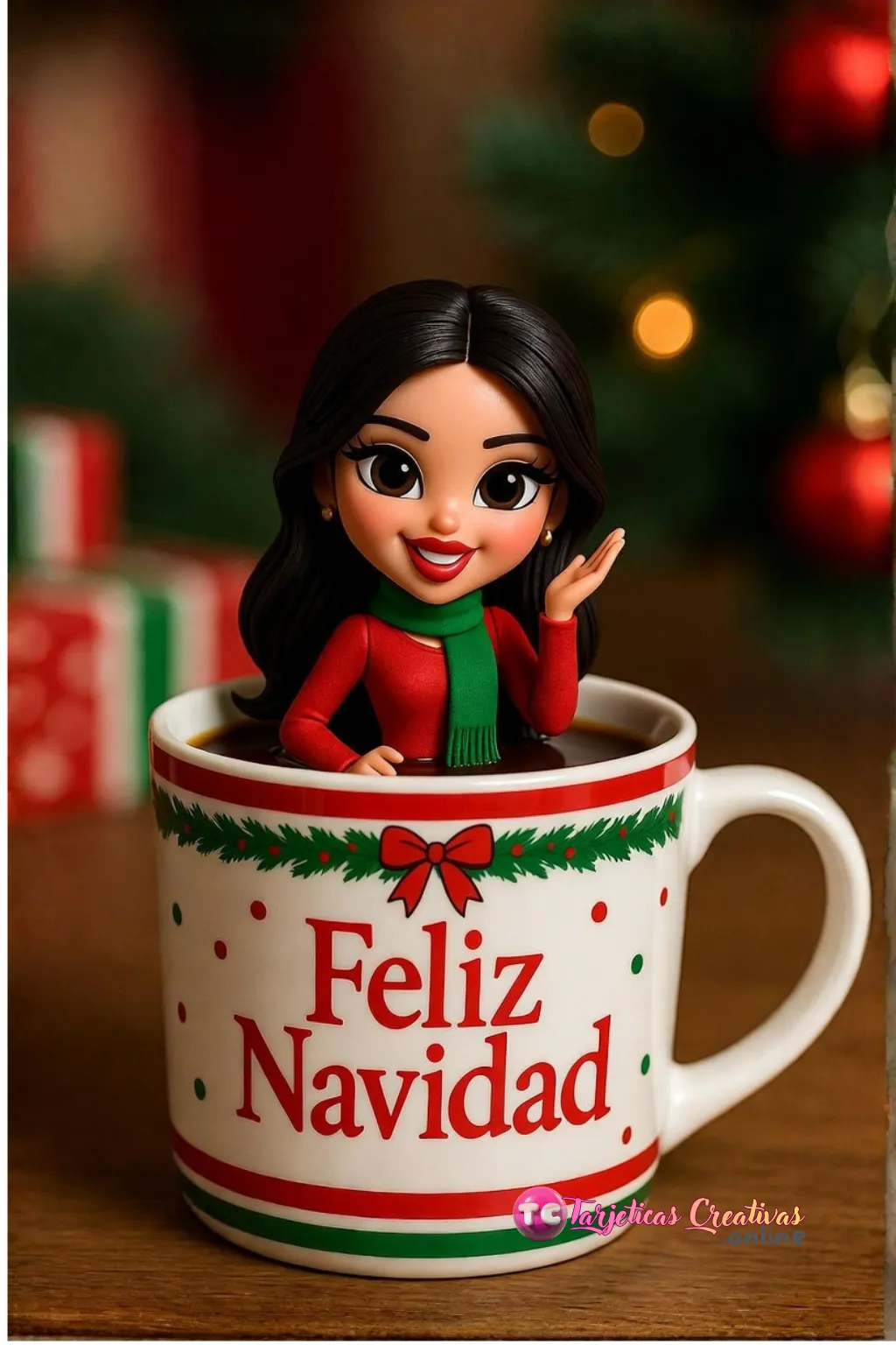 Mujer pelo negro en taza de feliz navidad