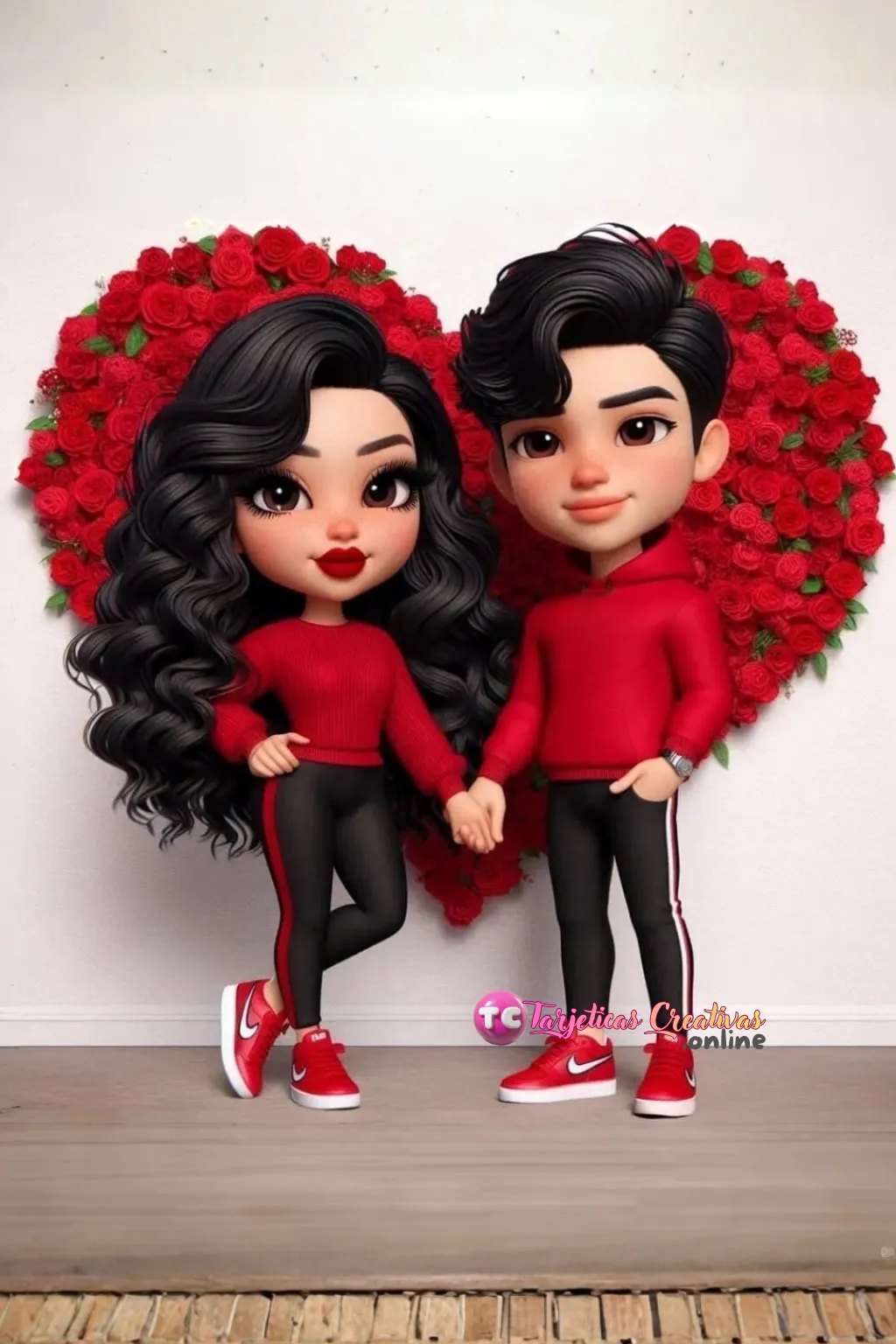 Sorpresa digital personalizada de San Valentin de pareja de enamorados con corazón de rosas rojas para enviar por redes sociales