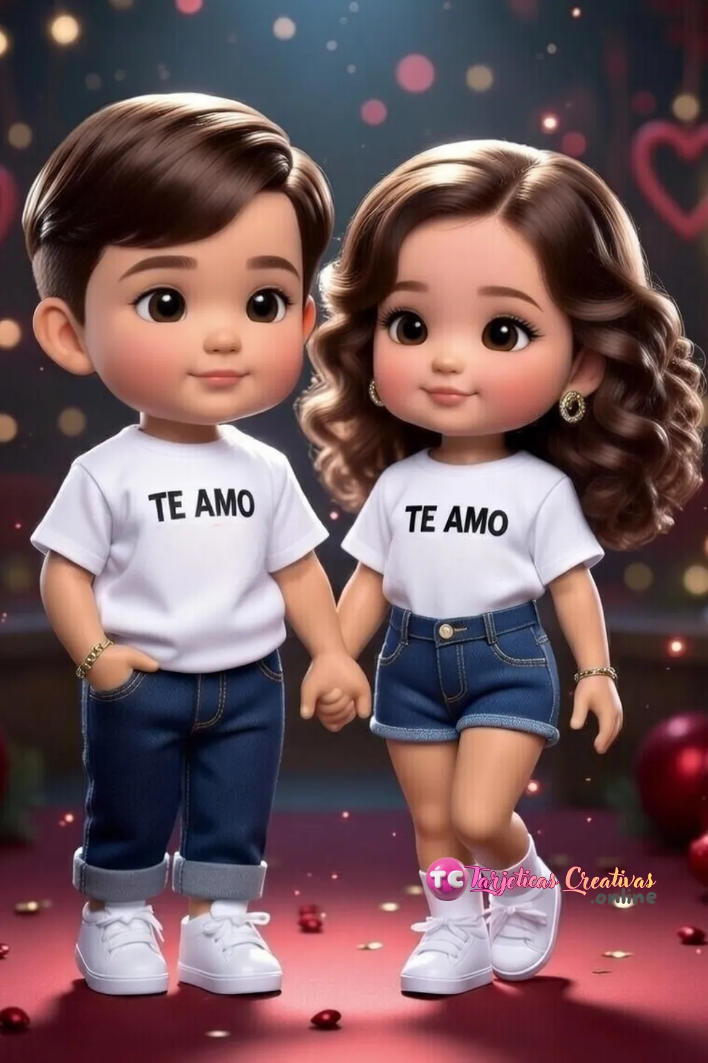 Postal de amor personalizada con fondo de rosas para descargar e imprimir de pareja de niños Te Amo
