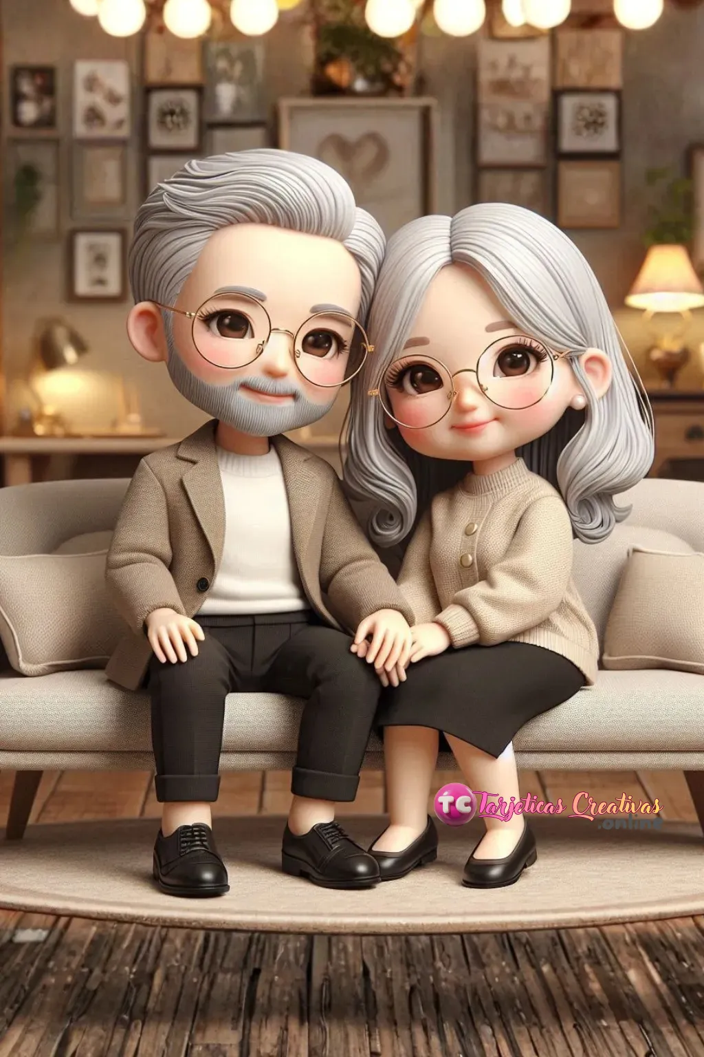 Tarjeta Personalizada de Pareja de Abuelos canosos con lentes sentados en sofa en la sala