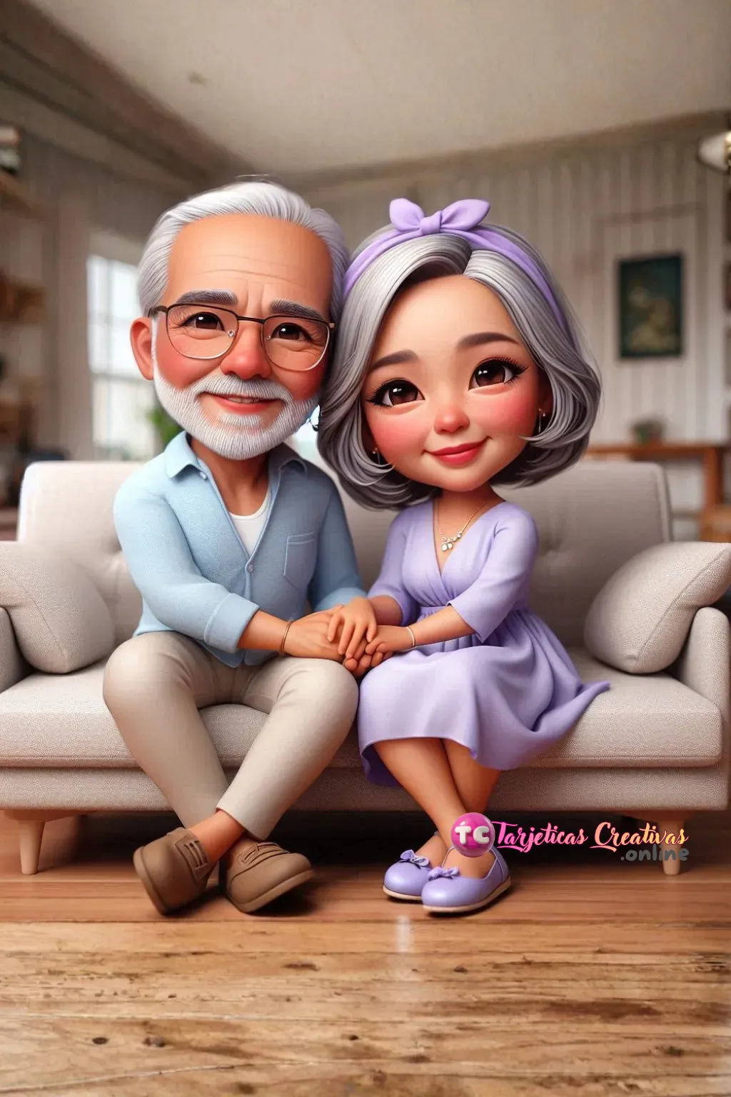 Tarjeta Personalizada de Pareja de Abuelos canosos con lentes sentados en sofa en la sala acogedora