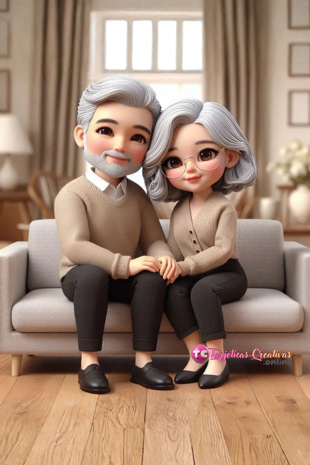 Tarjeta Personalizada de Pareja de Abuelos canosos con lentes sentados juntos en sofa de la sala