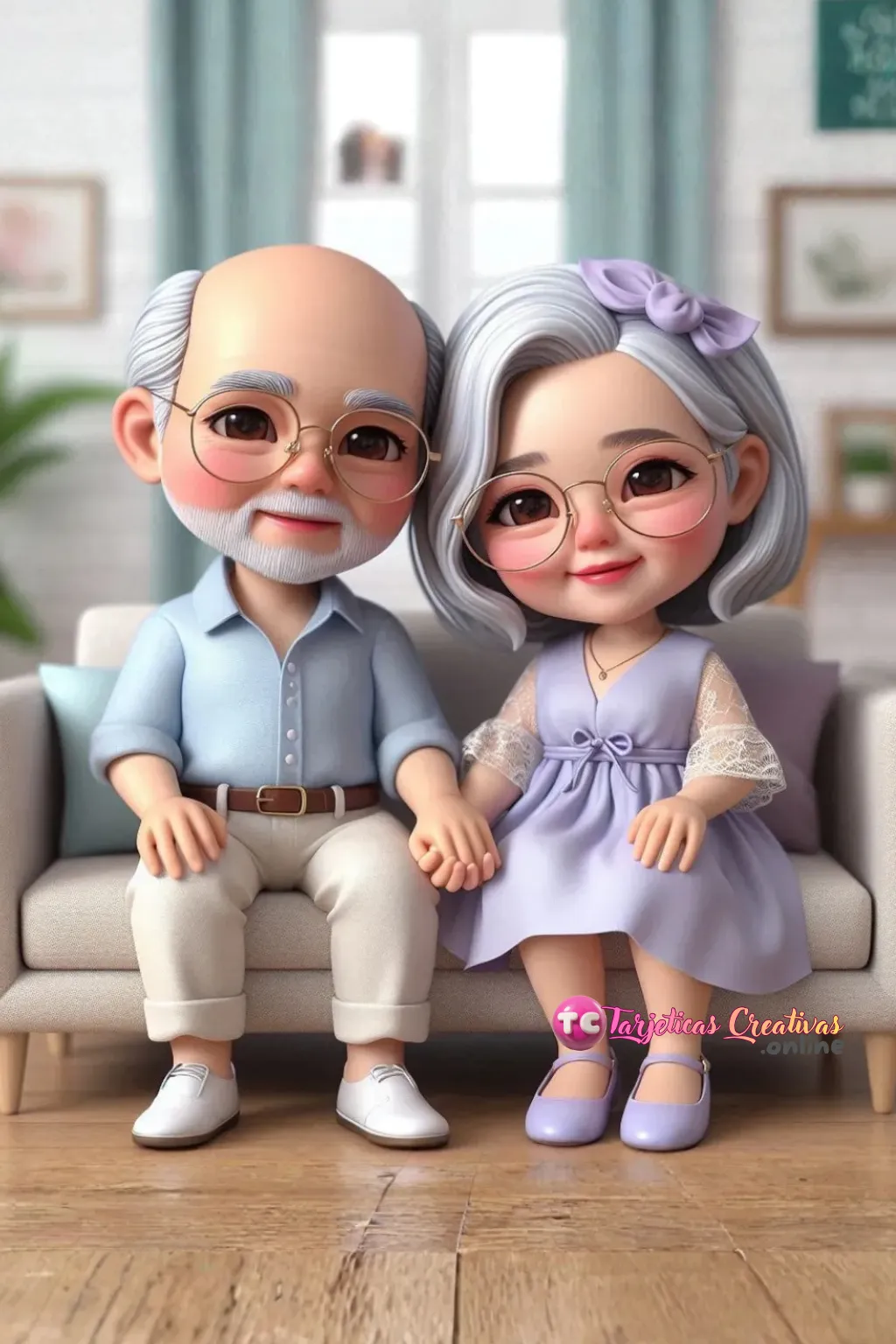 Tarjeta Personalizada de Pareja de Abuelos tiernos y canosos con lentes sentados en sofa en la sala