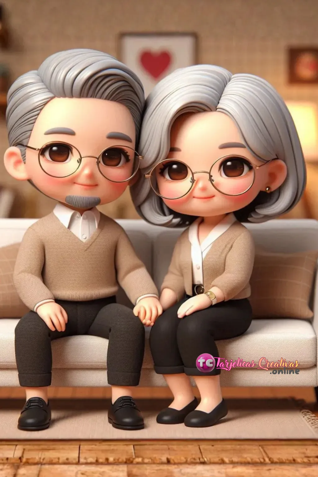 Tarjeta Personalizada de Pareja de Abuelos canosos con lentes sentados en sofa acogedor en la sala