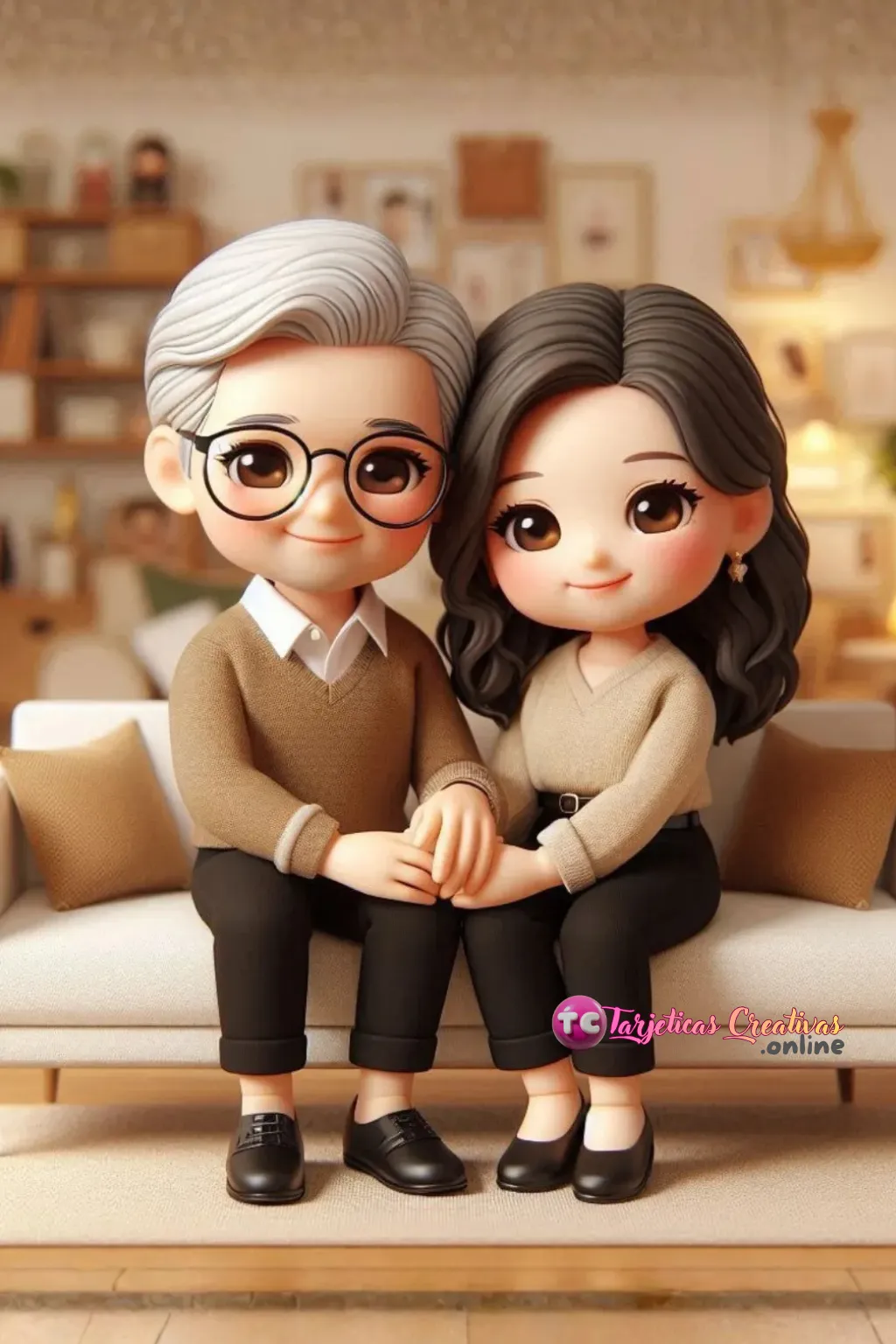 Tarjeta Personalizada de Pareja de Abuelo canoso y Abuela pelo castaño y tiernos con lentes sentados en sofa acogedor en la sala