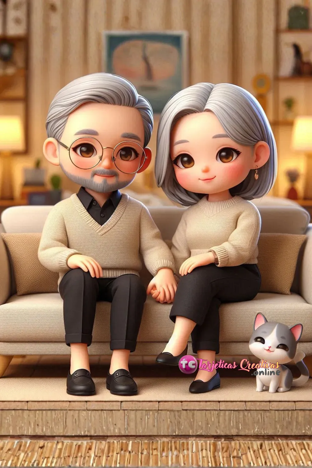 Tarjeta Personalizada de Pareja de bellos abuelos canosos con lentes sentados en sofa de la sala con mascota