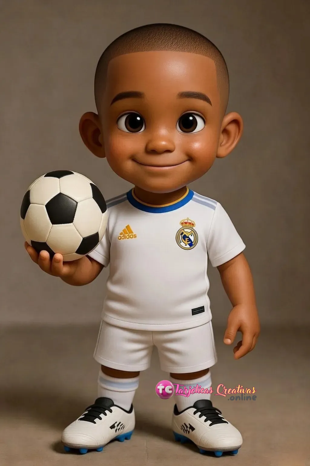 Bebe parado con uniforme del real madrid