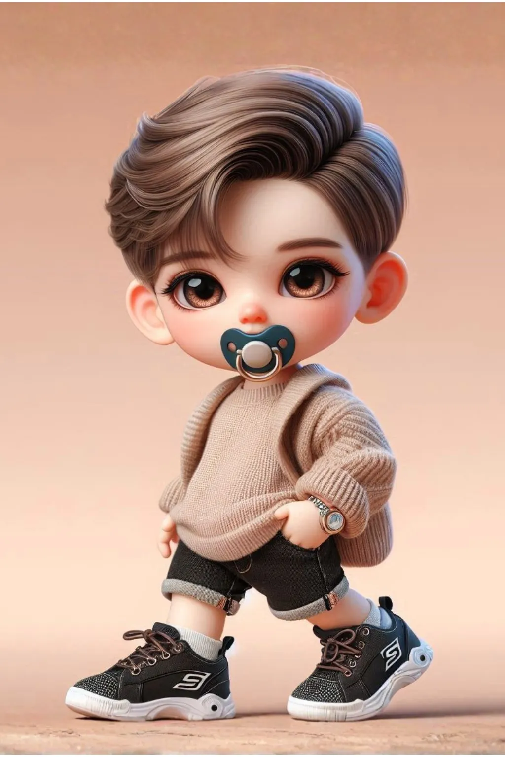 Bebe pelo castaño parado con chupete muy lindo