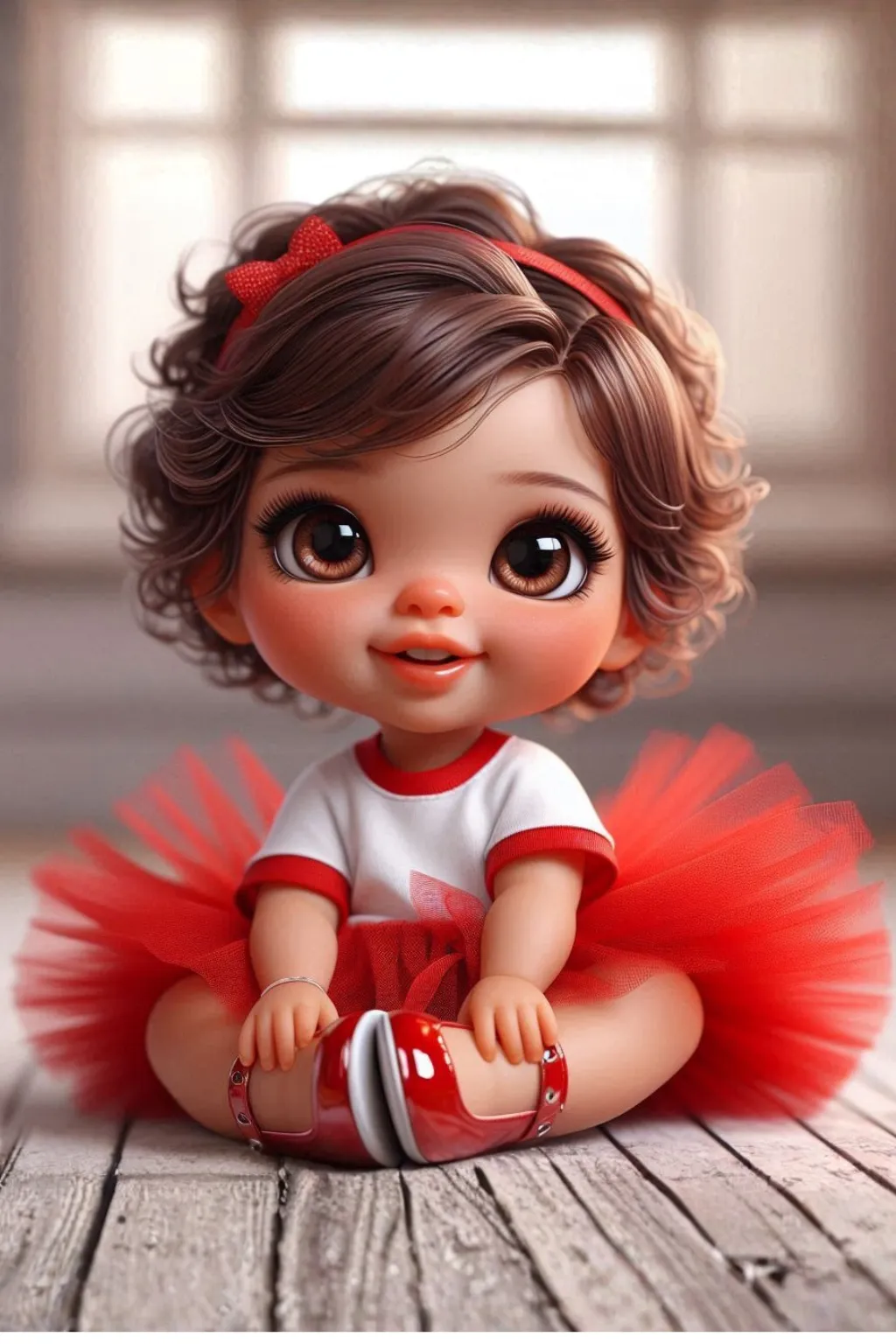 Bebe pelo castaño sentada con hermoso tutu