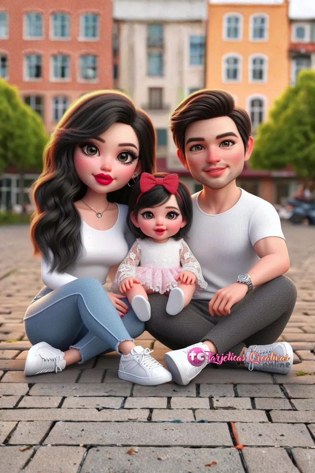 Mamá, bebe y papá pelo negro sentados en el parque