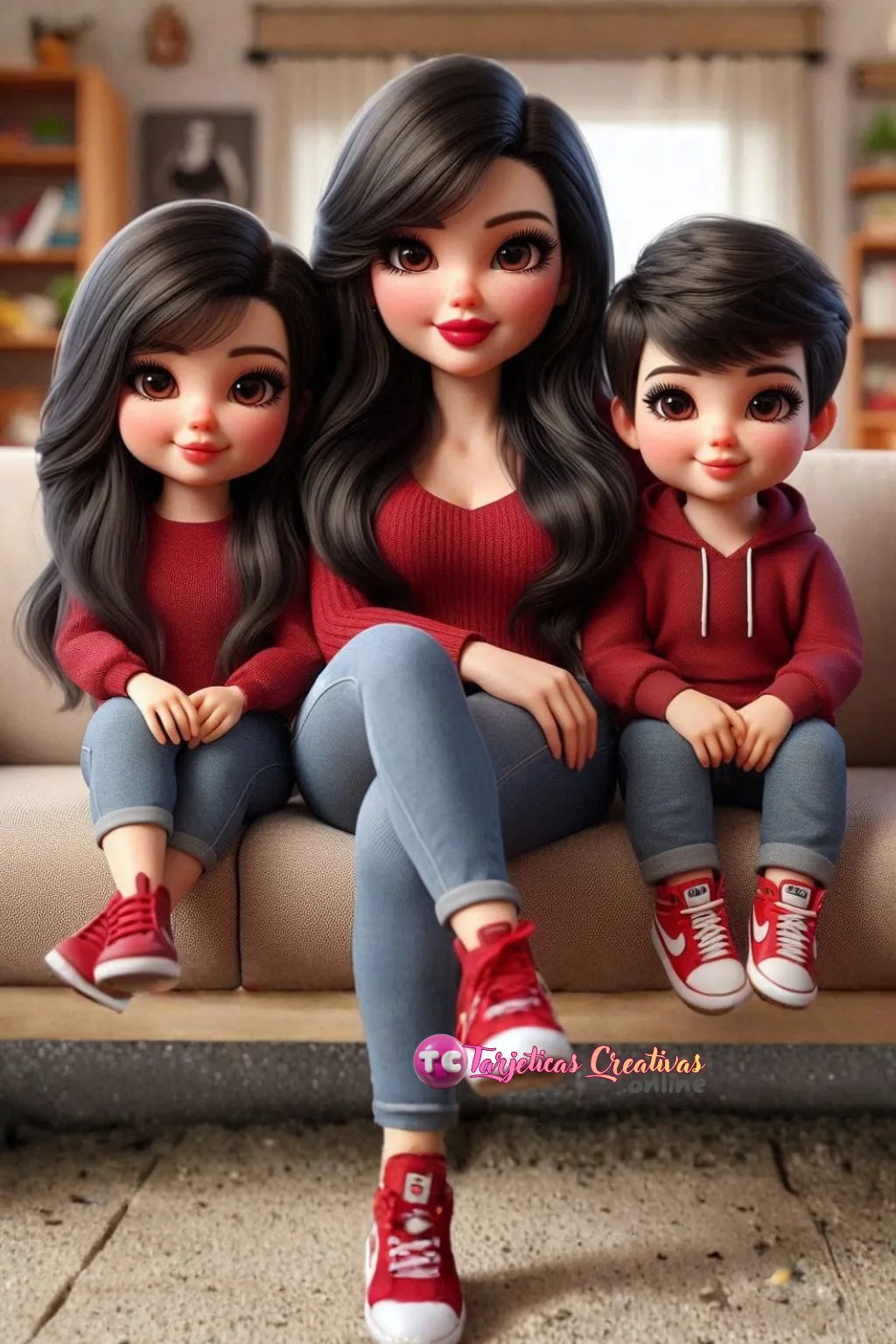 Mamá y niños pelo castaño sentados en el sofa de la sala