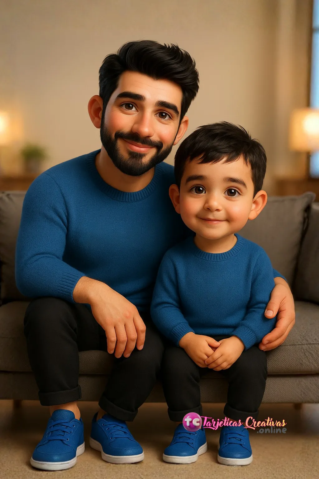 Papá y niño sentados en sofa de la sala