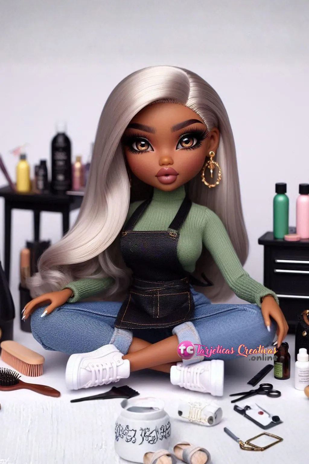 Mujer de pelo platinado peluquera sentada