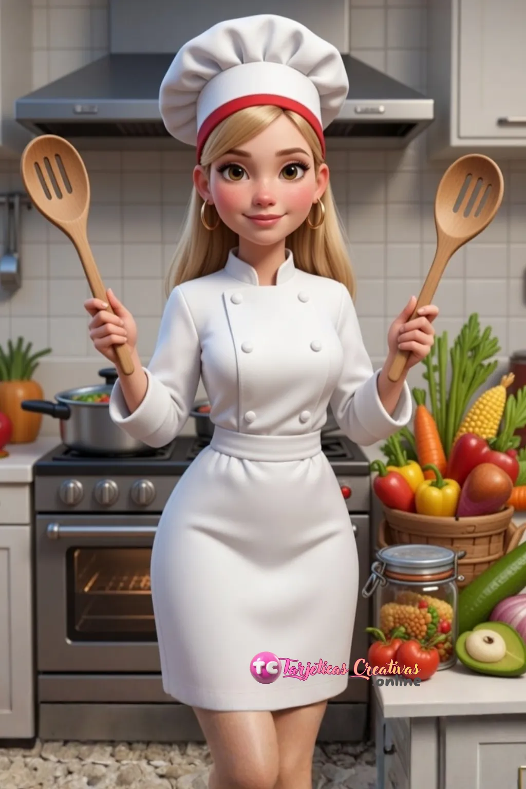 Mujer de pelo rubio con gorro de chef en la cocina